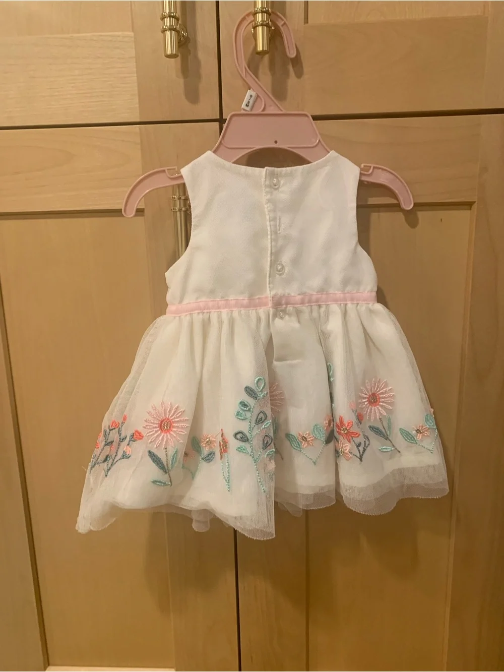 Newborn White and Pink Floral Embroidered Tulle Dress for Girls